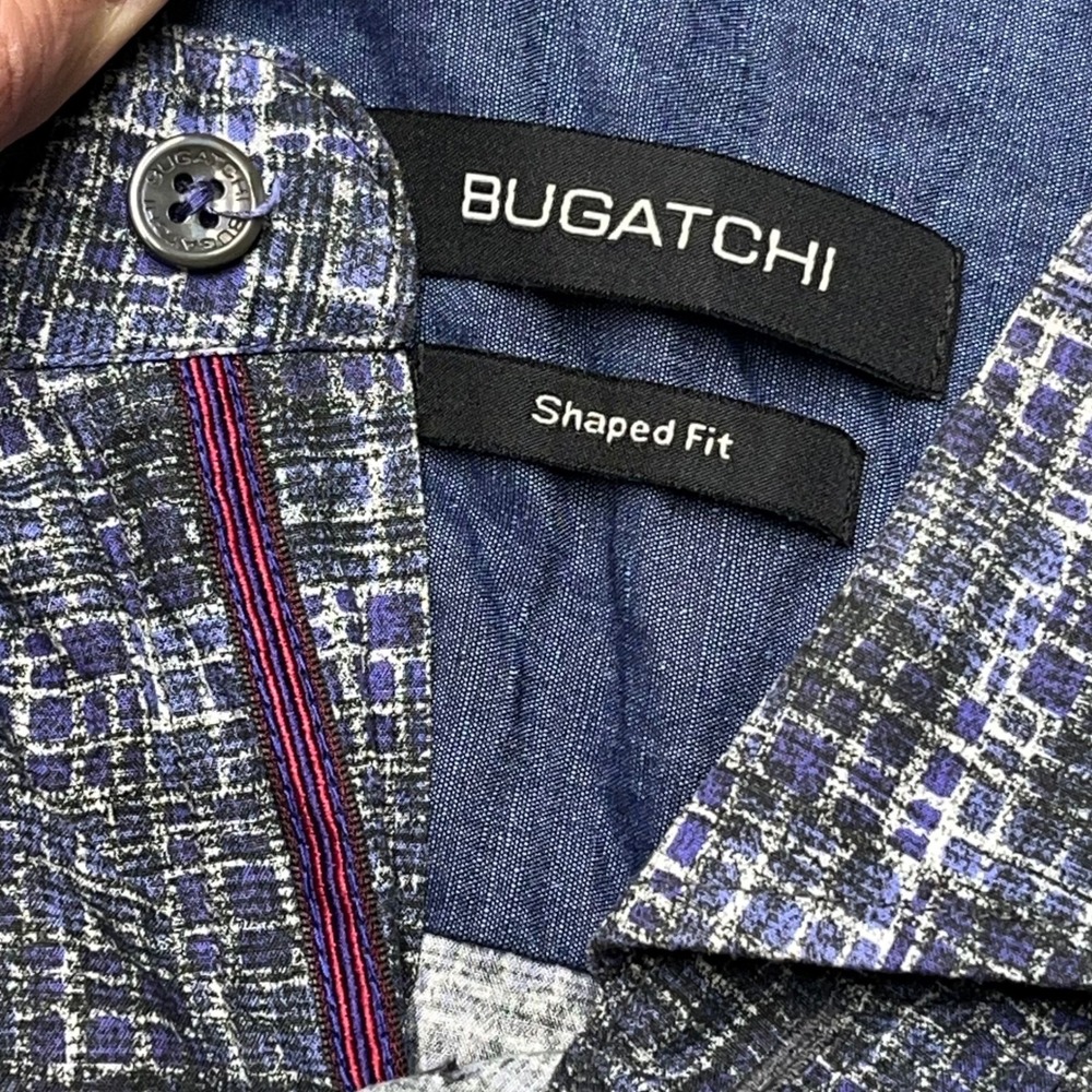 Bugatchi Mens Shaped Fit Long Sleeve‎ Button Down Shirt Blue Purple Grid Cotton